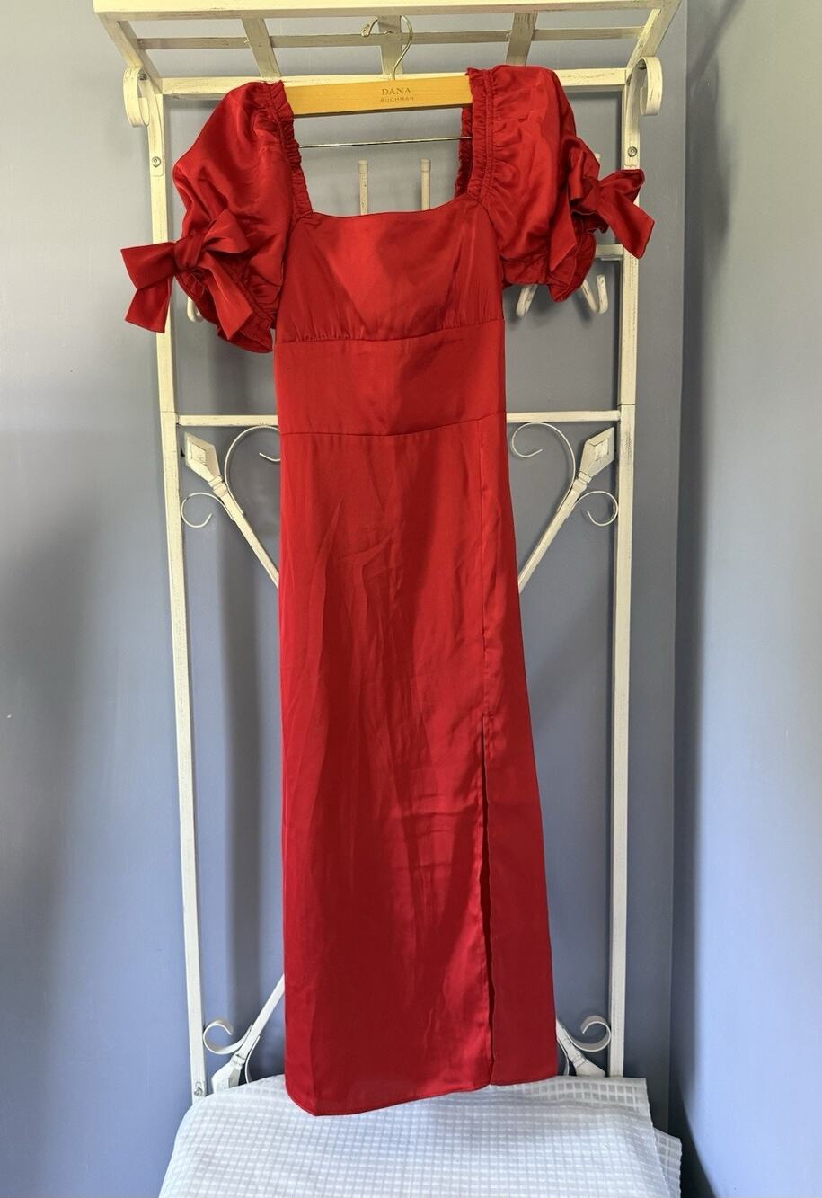 Francesca Red Satin Dress Puppy Sleeves Princess Sm Slit Side